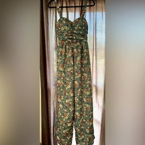 Floral silky romper, adjustable straps, full length. Structured cups, Med